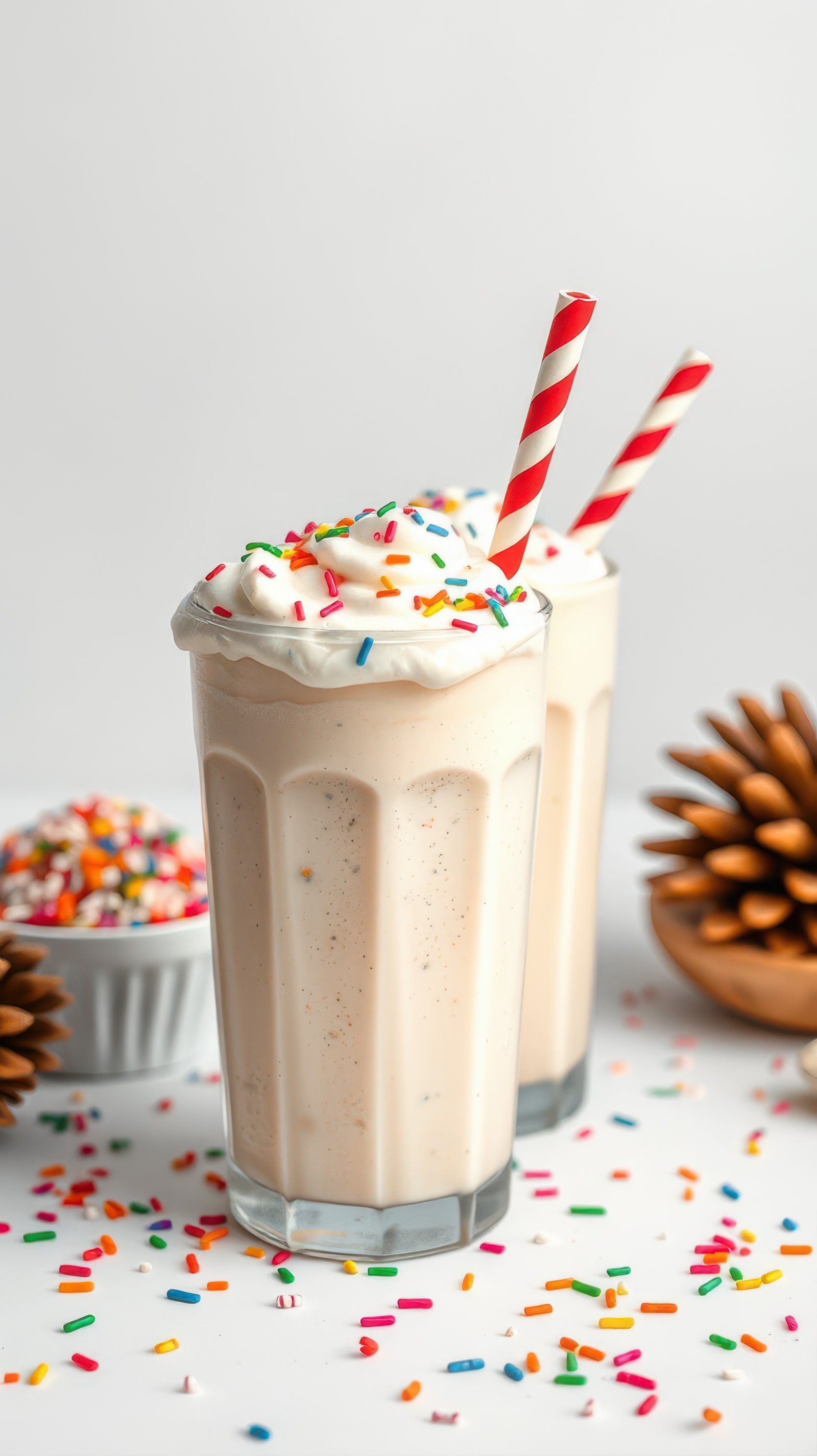 Delicious milkshake topped with whipped cream and colorful sprinkles in a festive setting